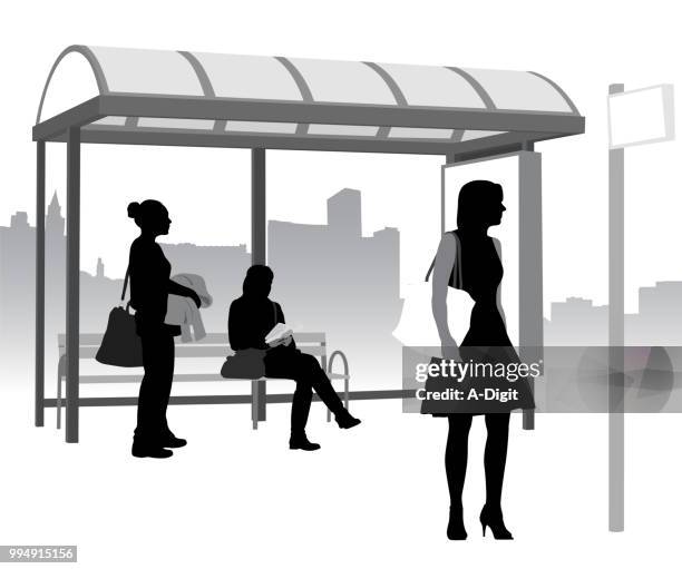 women waiting for the bus - commuter stock illustrations