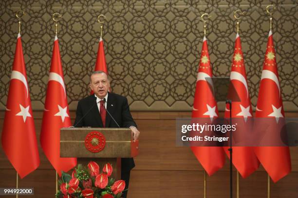 Turkey's President Tayyip Erdogan announces the new ministers of his cabinet during a press conference at the Presidential Palace on July 9, 2018 in...