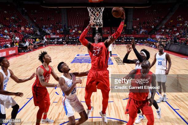 Shevon Thompson of the Toronto Raptors shoots the ball against the Oklahoma City Thunder during the 2018 Las Vegas Summer League on July 9, 2018 at...