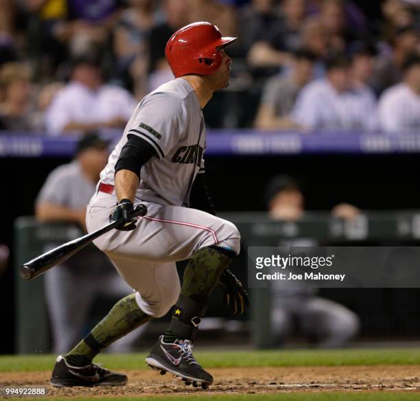 Joey Votto of the Cincinnati Reds bats against the Colorado Rockies at Coors Field on May 26, 2018 in Denver, Colorado.