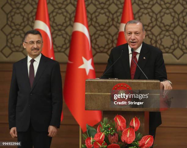 Turkey's President Tayyip Erdogan announces Fuat Oktay as vice president during a press conference at the Presidential Palace on July 9, 2018 in...