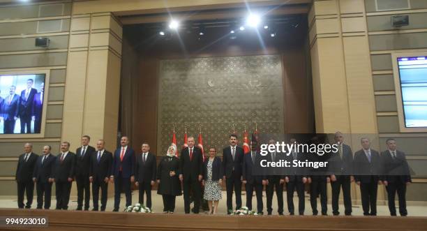 Turkey's President Tayyip Erdogan announces the new ministers of his cabinet during a press conference at the Presidential Palace on July 9, 2018 in...