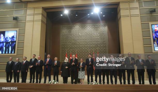Turkey's President Tayyip Erdogan announces the new ministers of his cabinet during a press conference at the Presidential Palace on July 9, 2018 in...