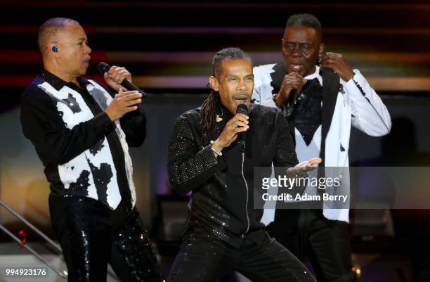 Ralph Johnson, B. David Whitworth and Philip Bailey of Earth, Wind and Fire perform during Classic Open Air at Gendarmenmarkt on July 9, 2018 in...