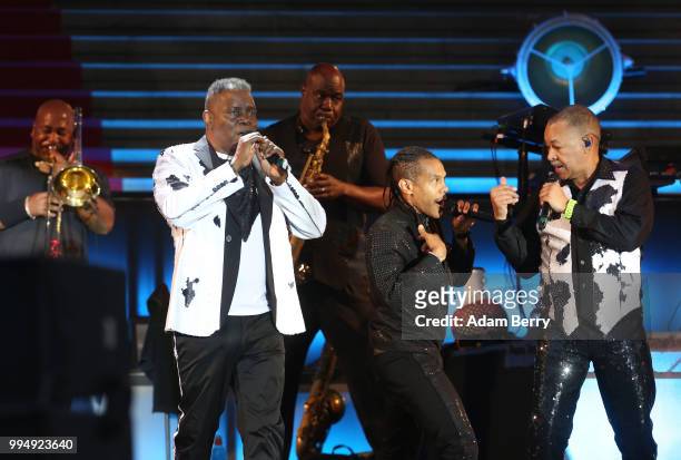 Philip Bailey, B. David Whitworth and Ralph Johnson of Earth, Wind and Fire perform during Classic Open Air at Gendarmenmarkt on July 9, 2018 in...