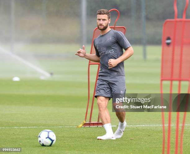 Shkodran Mustafi of Arsenal kicks the ball during a training session at Colney on July 9, 2018 in St Albans, England.