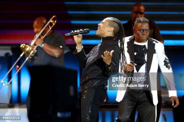 David Whitworth and Philip Bailey of Earth, Wind and Fire perform during Classic Open Air at Gendarmenmarkt on July 9, 2018 in Berlin, Germany.
