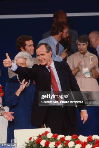 George W Bush, Barbara Bush, George HW Bush at the 1980 Republican National Convention, Joe Louis Arena in Detroit, Michigan, July 1980.