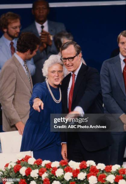 Barbara Bush, George HW Bush at the 1980 Republican National Convention, Joe Louis Arena in Detroit, Michigan, July 1980.