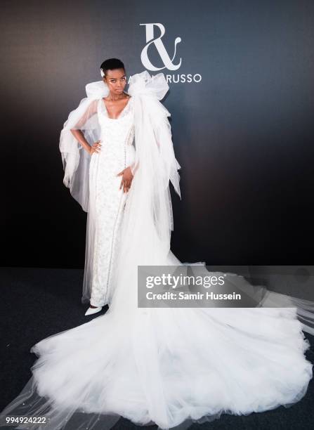 Maria Borges poses backstage at the Ralph & Russo Haute Couture Fall Winter 2018/2019 show as part of Paris Fashion Week on July 2, 2018 in Paris,...