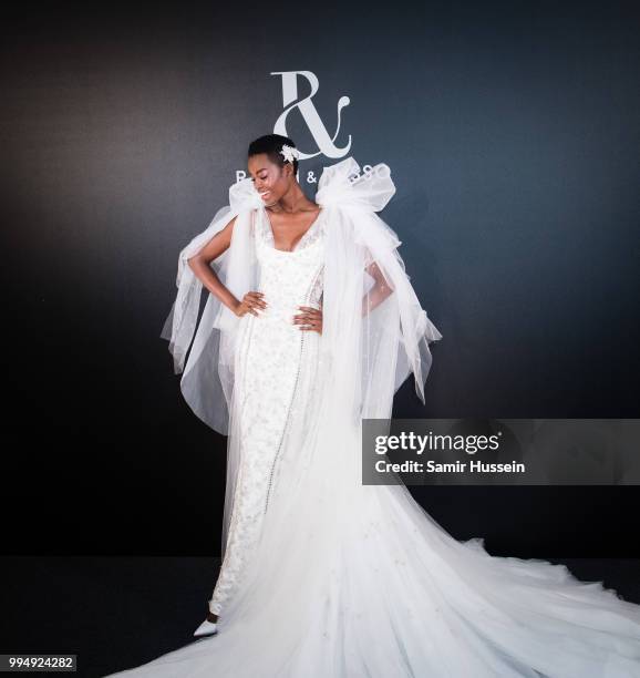 Maria Borges poses backstage at the Ralph & Russo Haute Couture Fall Winter 2018/2019 show as part of Paris Fashion Week on July 2, 2018 in Paris,...