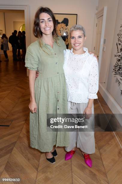 Sophie Gallagher and Pips Taylor attend the Bansky 'Greatest Hits 2002-2008" exhibition VIP preview at Lazinc on July 9, 2018 in London, England.