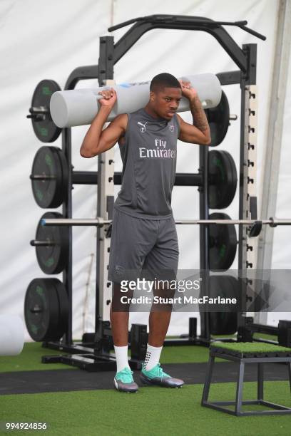 Chuba Akpom of Arsenal warms up during a training session at London Colney on July 9, 2018 in St Albans, England.