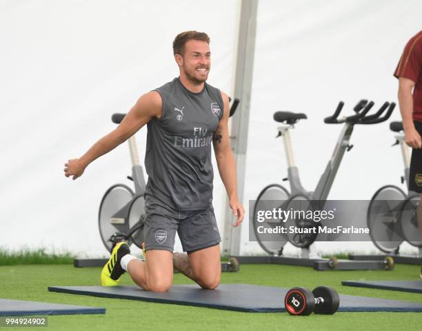 Aaron Ramsey of Arsenal looks on during a training session at London Colney on July 9, 2018 in St Albans, England.