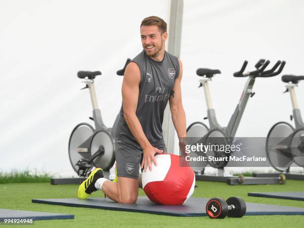 Aaron Ramsey of Arsenal looks on during a training session at London Colney on July 9, 2018 in St Albans, England.