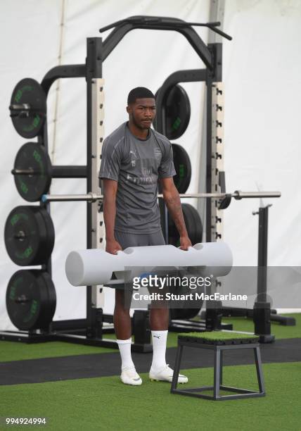 Ainsley Maitland-Niles of Arsenal looks on during a training session at London Colney on July 9, 2018 in St Albans, England.
