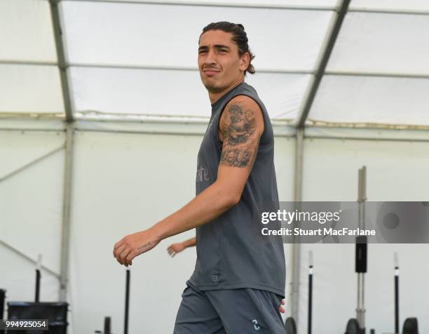 Hector Bellerin of Arsenal looks on during a training session at London Colney on July 9, 2018 in St Albans, England.