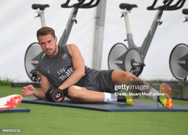 Aaron Ramsey of Arsenal looks on during a training session at London Colney on July 9, 2018 in St Albans, England.