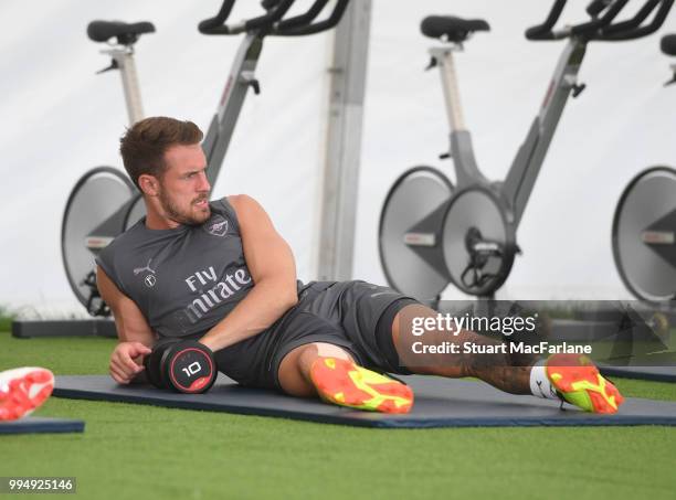 Aaron Ramsey of Arsenal looks on during a training session at London Colney on July 9, 2018 in St Albans, England.