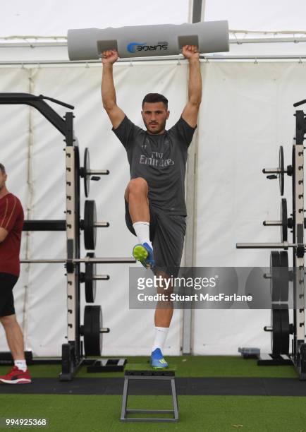 Sead Kolasinac of Arsenal warms up during a training session at London Colney on July 9, 2018 in St Albans, England.