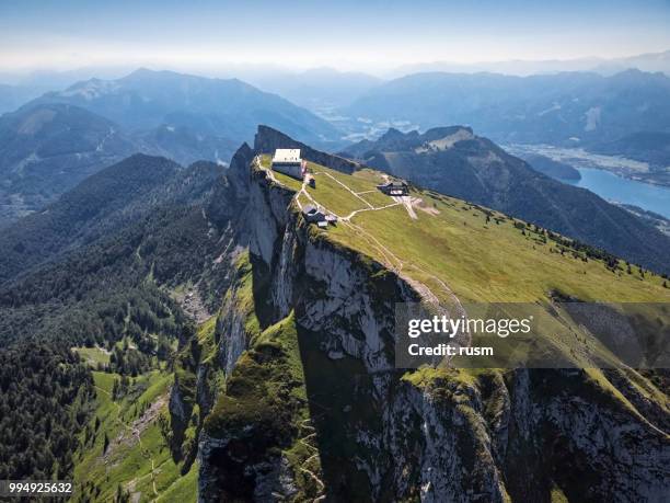viewpoint on schafberg mountain summit in salzkammergut, upper austria - vocklabruck stock pictures, royalty-free photos & images