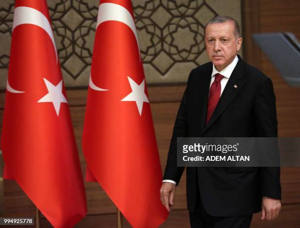 Turkish President Recep Tayyip Erdogan announces the new Turkish cabinet after taking oath as the first president under new government system in...
