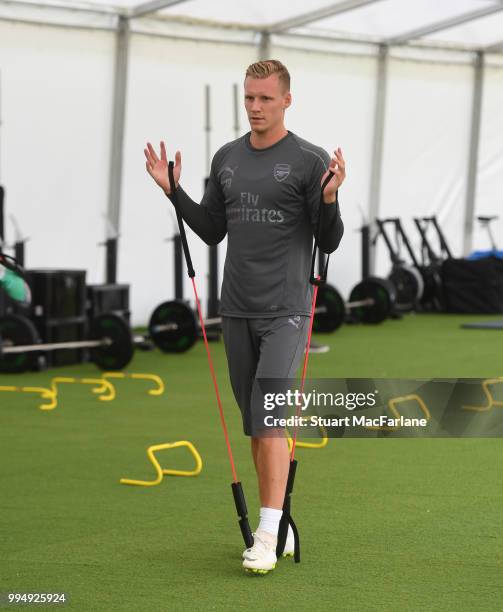 Bernd Leno of Arsenal warms up during a training session at London Colney on July 9, 2018 in St Albans, England.