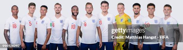 In this composite image, Ashley Young, John Stones, Jesse Lingard, Jordan Henderson, Raheem Sterling, Harry Kane, Harry Maguire, Jordan Pickford,...