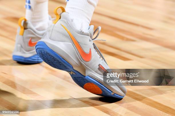 The sneakers worn by Daniel Hamilton of the Oklahoma City Thunder are seen against the Toronto Raptors during the 2018 Las Vegas Summer League on...