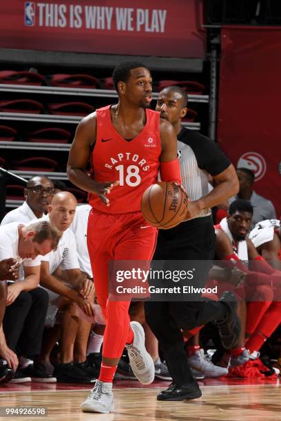 Jordan Loyd of the Toronto Raptors handles the ball against the Oklahoma City Thunder during the 2018 Las Vegas Summer League on July 9, 2018 at the...