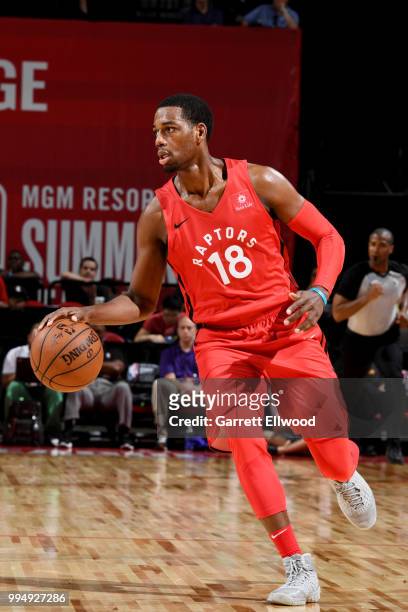 Jordan Loyd of the Toronto Raptors handles the ball against the Oklahoma City Thunder during the 2018 Las Vegas Summer League on July 9, 2018 at the...