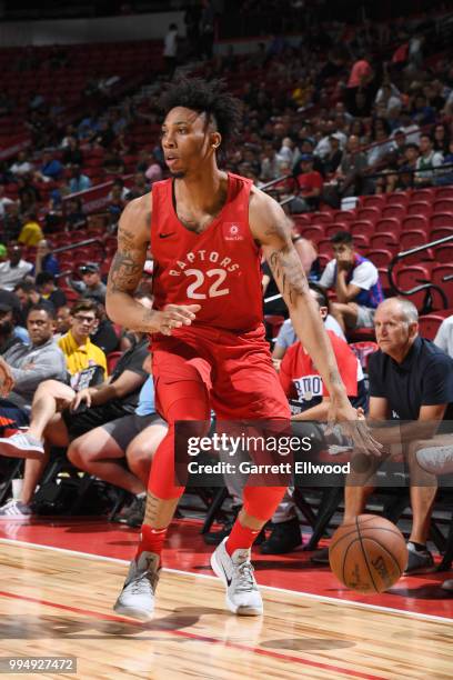 Malachi Richardson of the Toronto Raptors handles the ball against the Oklahoma City Thunder during the 2018 Las Vegas Summer League on July 9, 2018...