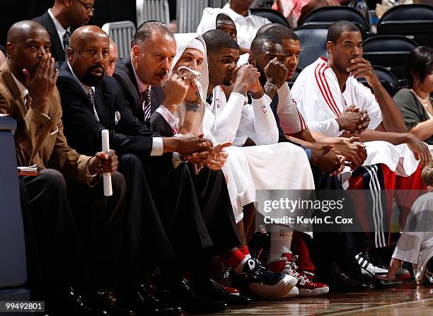 The bench of the Atlanta Hawks looks on the final minutes of their loss to the Orlando Magic during Game Three of the Eastern Conference Semifinals...