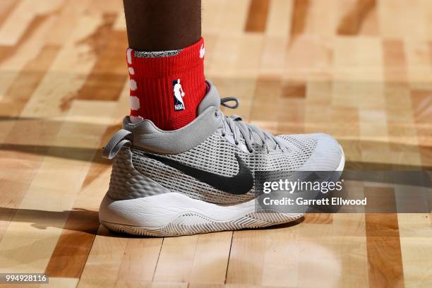 The sneakers worn by Rawle Alkins of the Toronto Raptors are seen against the Oklahoma City Thunder during the 2018 Las Vegas Summer League on July...