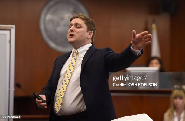 Plaintiff attorney Brent Wisner delivers opening remarks in the Monsanto trial in San Francisco, California on July 2018. - Monsanto is being accused...