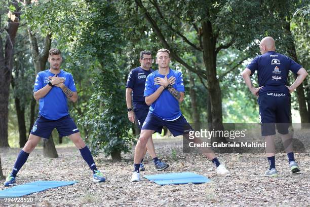 Antonino La Gumina and Lorenzo Polvani of Empoli Fc in action during the training session on July 9, 2018 in Empoli, Italy.