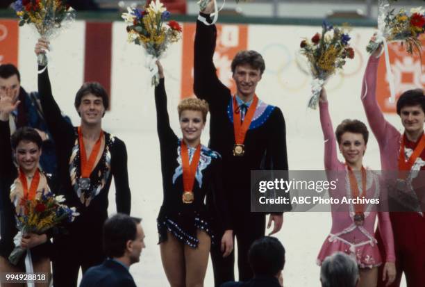 Sarajevo, Bosnia-Herzegovina Peter Carruthers, Oleg Vassiliev, Oleg Makarov, Kitty Carruthers, Elena Valova, Larissa Selezneva in the pairs skating...