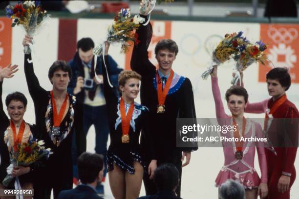 Sarajevo, Bosnia-Herzegovina Peter Carruthers, Oleg Vassiliev, Oleg Makarov, Kitty Carruthers, Elena Valova, Larissa Selezneva in the pairs skating...