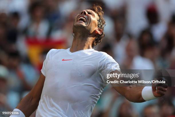 Mens Single - Jiri Vesely v Rafael Nadal - Rafael Nadal celebrates winning the match at All England Lawn Tennis and Croquet Club on July 9, 2018 in...