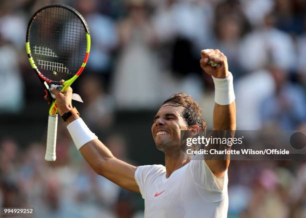 Mens Single - Jiri Vesely v Rafael Nadal - Rafael Nadal celebrates winning the match at All England Lawn Tennis and Croquet Club on July 9, 2018 in...