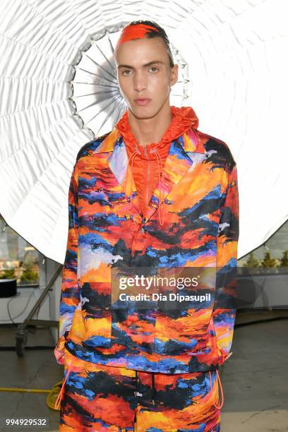 Model poses for the Taakk presentation during July 2018 New York City Men's Fashion Week at Creative Drive on July 9, 2018 in New York City.