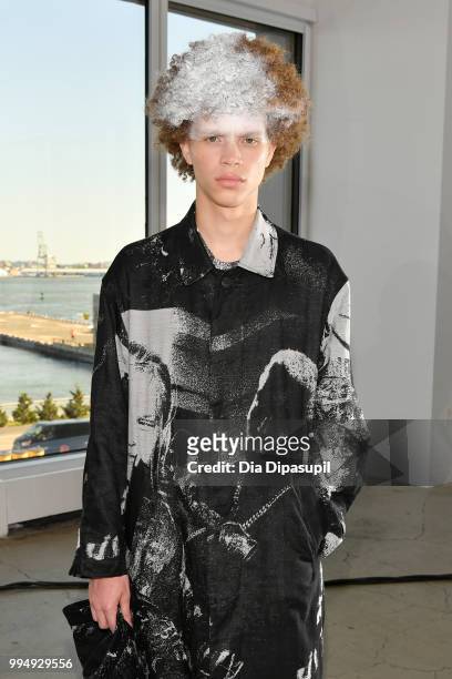 Model poses for the Taakk presentation during July 2018 New York City Men's Fashion Week at Creative Drive on July 9, 2018 in New York City.