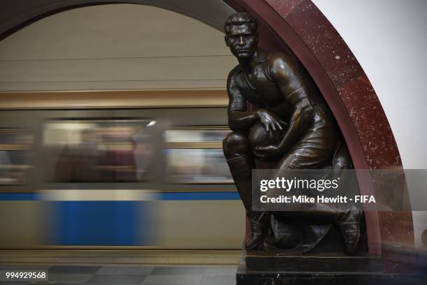 Statue of a footballer decorates the Ploschad Revolyutsii Metro station during the last week of the FIFA World Cup on July 9, 2018 in Moscow, Russia.