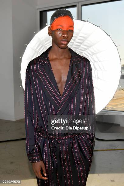 Model poses for the Taakk presentation during July 2018 New York City Men's Fashion Week at Creative Drive on July 9, 2018 in New York City.