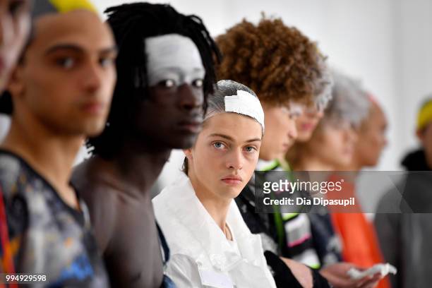 Models pose for the Taakk presentation during July 2018 New York City Men's Fashion Week at Creative Drive on July 9, 2018 in New York City.