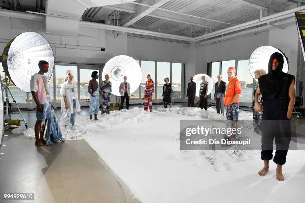 Models pose for the Taakk presentation during July 2018 New York City Men's Fashion Week at Creative Drive on July 9, 2018 in New York City.