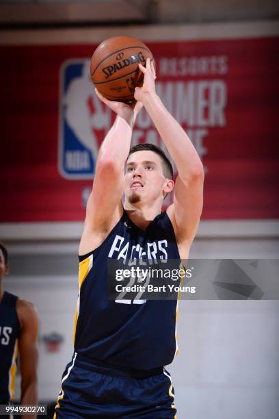 Leaf of the Indiana Pacers shoots a free throw against the Cleveland Cavaliers during the 2018 Las Vegas Summer League on July 9, 2018 at the Cox...