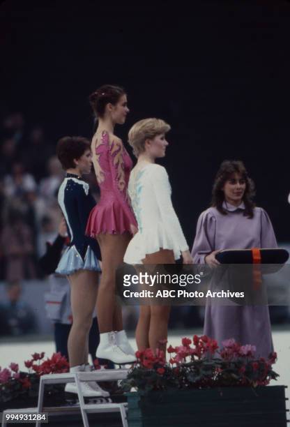 Sarajevo, Bosnia-Herzegovina Kira Ivanova, Katarina Witt, Rosalynn Sumners in the Ladies' figure skating medal ceremony at the 1984 Winter Olympics /...