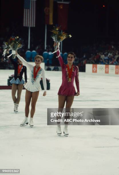 Sarajevo, Bosnia-Herzegovina Rosalynn Sumners, Katarina Witt in the Ladies' figure skating medal ceremony at the 1984 Winter Olympics / XIV Olympic...