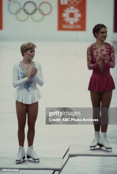 Sarajevo, Bosnia-Herzegovina Rosalynn Sumners, Katarina Witt in the Ladies' figure skating medal ceremony at the 1984 Winter Olympics / XIV Olympic...